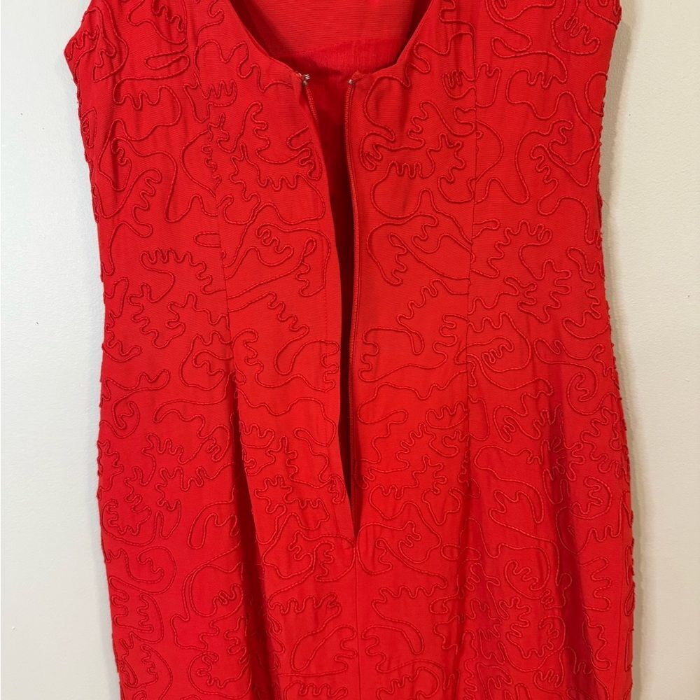 Carmen Marc Valvo Red Textured Midi Dress squiggles artsy - Picture 5 of 10